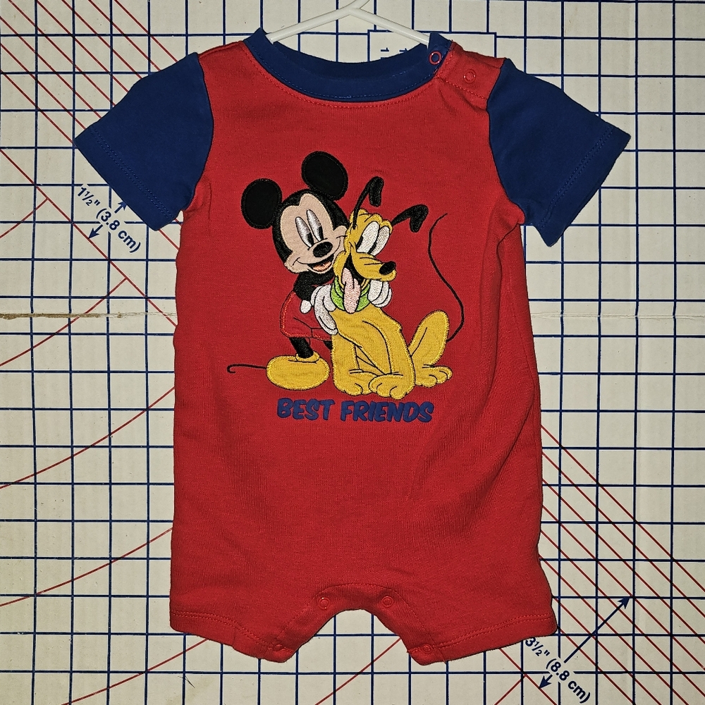 Red Mickey and Pluto Baby Romper, Size 12-18 Mo.